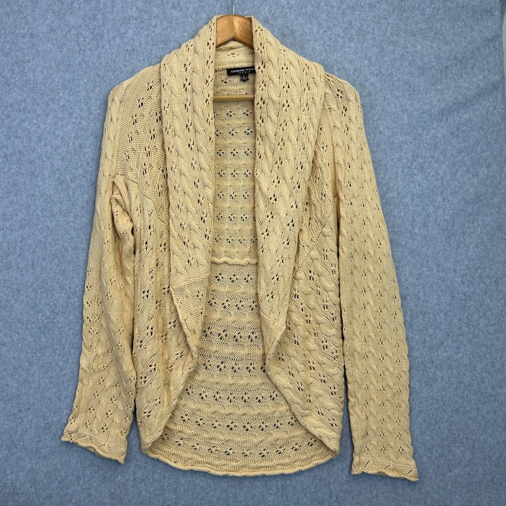 Adrienne Vittadini Large Cardigan Yellow Cable Pointelle Knit Open Front Sweater